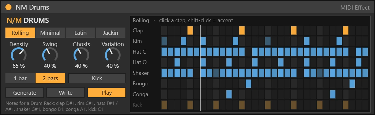 NM Drums Max for Live device working on a track